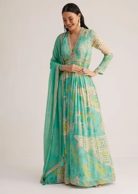 Aqua Green Printed Anarkali With Embroidered Dupatta