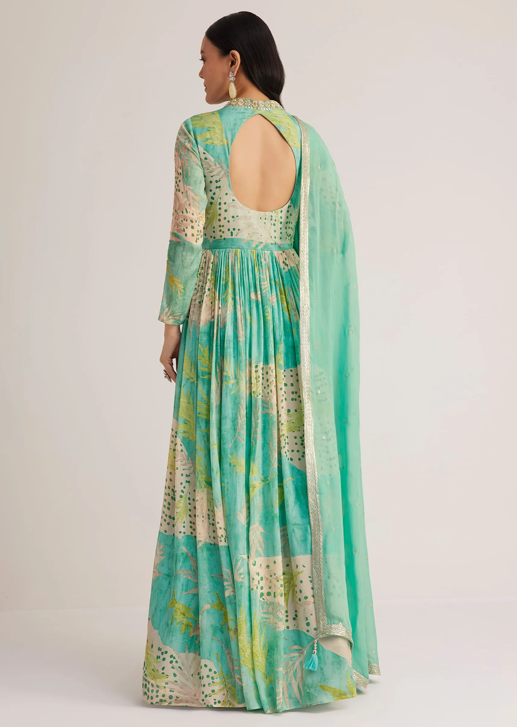 Aqua Green Printed Anarkali With Embroidered Dupatta