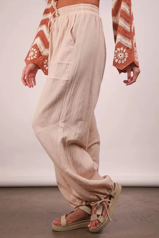 Beige Cotton Gauze Drawstring Wide Leg Pants