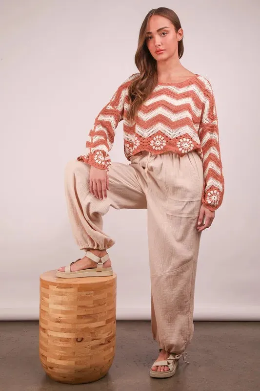 Beige Cotton Gauze Drawstring Wide Leg Pants