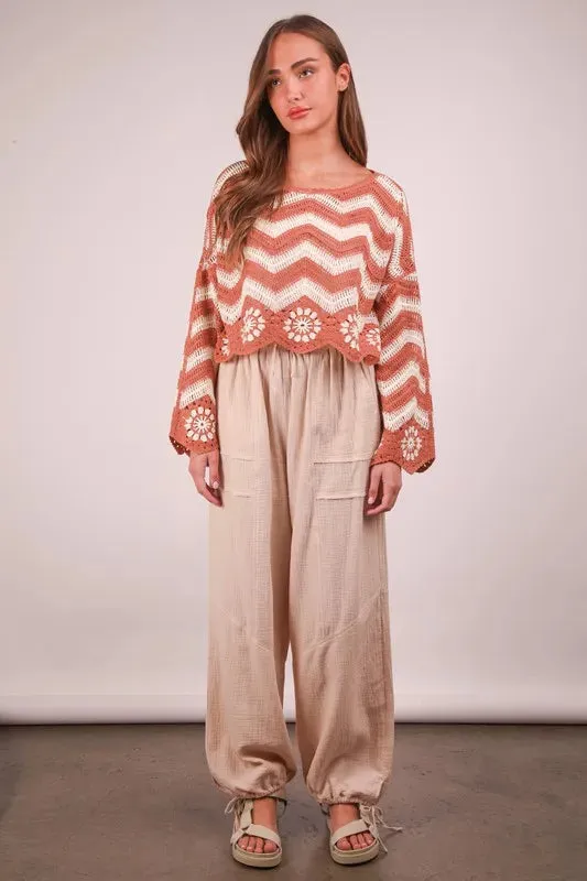 Beige Cotton Gauze Drawstring Wide Leg Pants