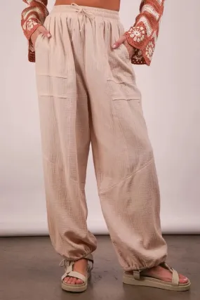 Beige Cotton Gauze Drawstring Wide Leg Pants