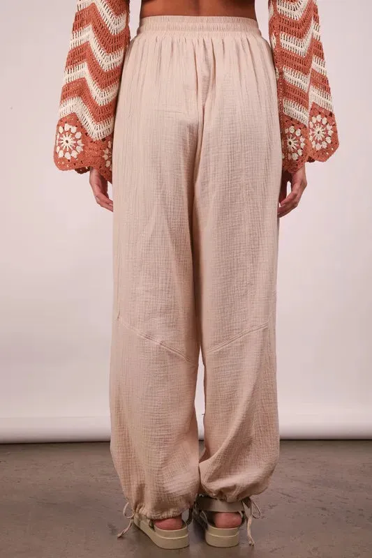 Beige Cotton Gauze Drawstring Wide Leg Pants