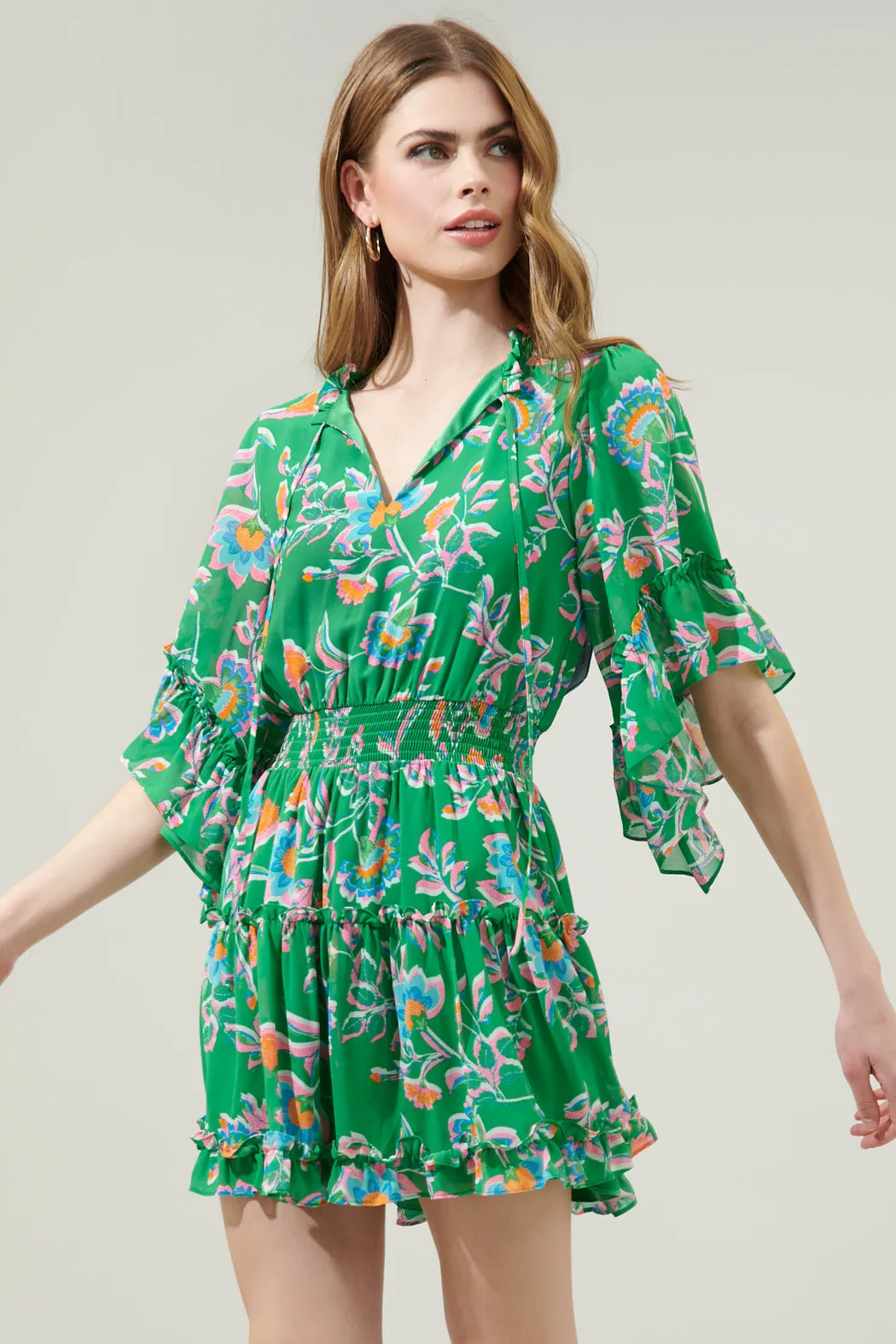 Belize Floral Amorcito Bell Sleeve Mini Dress