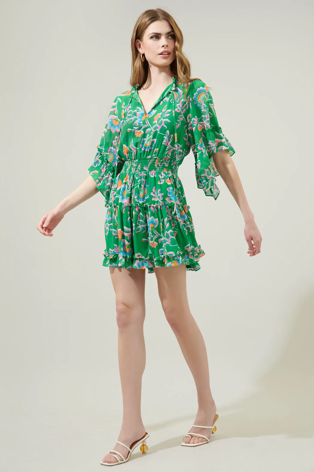Belize Floral Amorcito Bell Sleeve Mini Dress