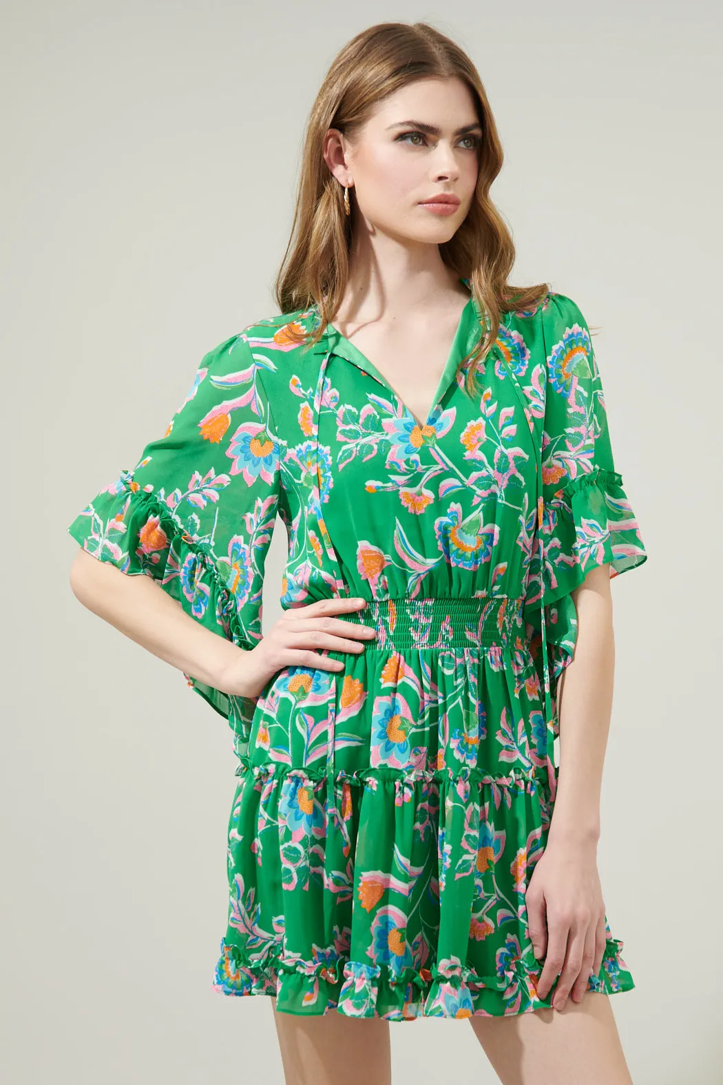 Belize Floral Amorcito Bell Sleeve Mini Dress