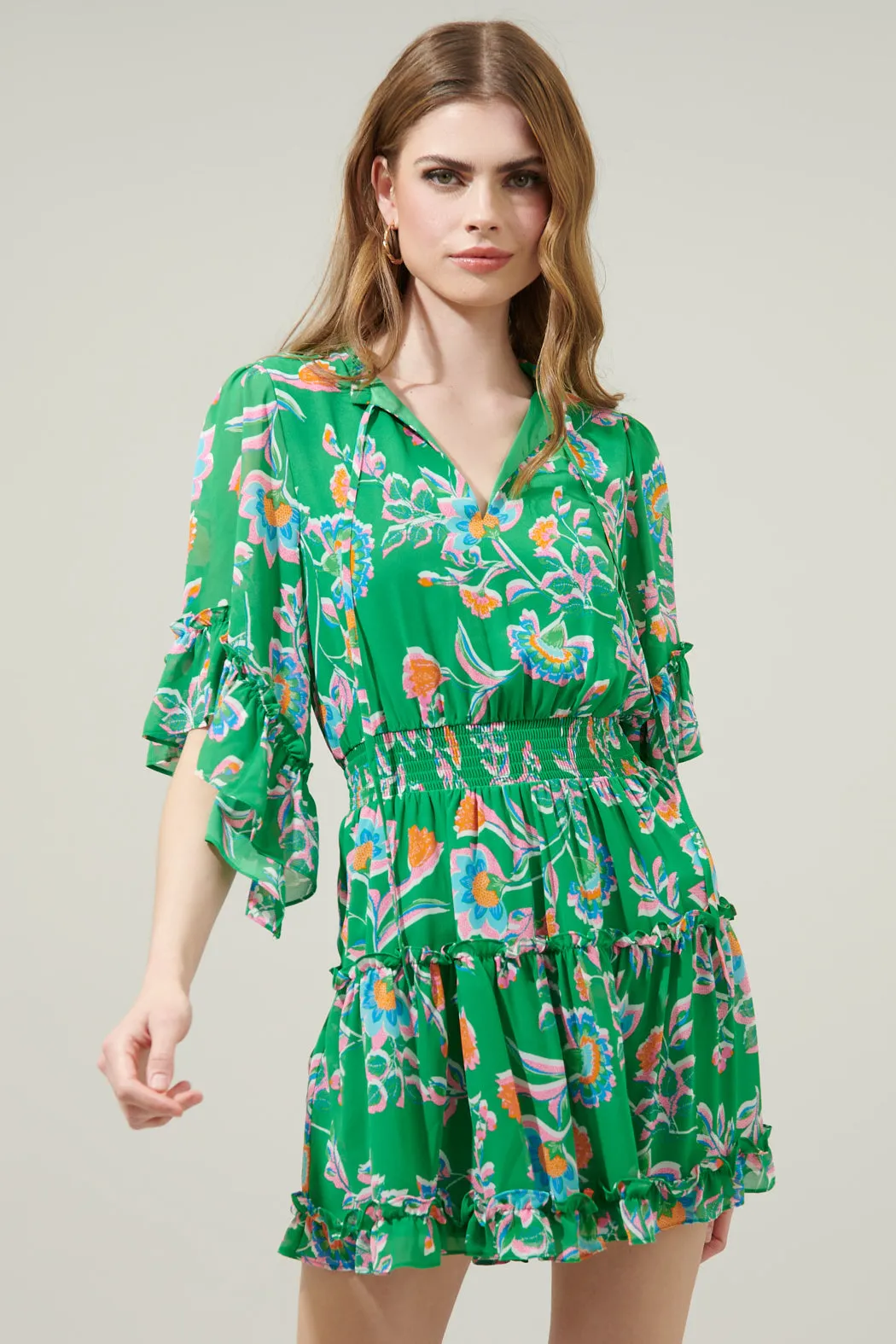 Belize Floral Amorcito Bell Sleeve Mini Dress
