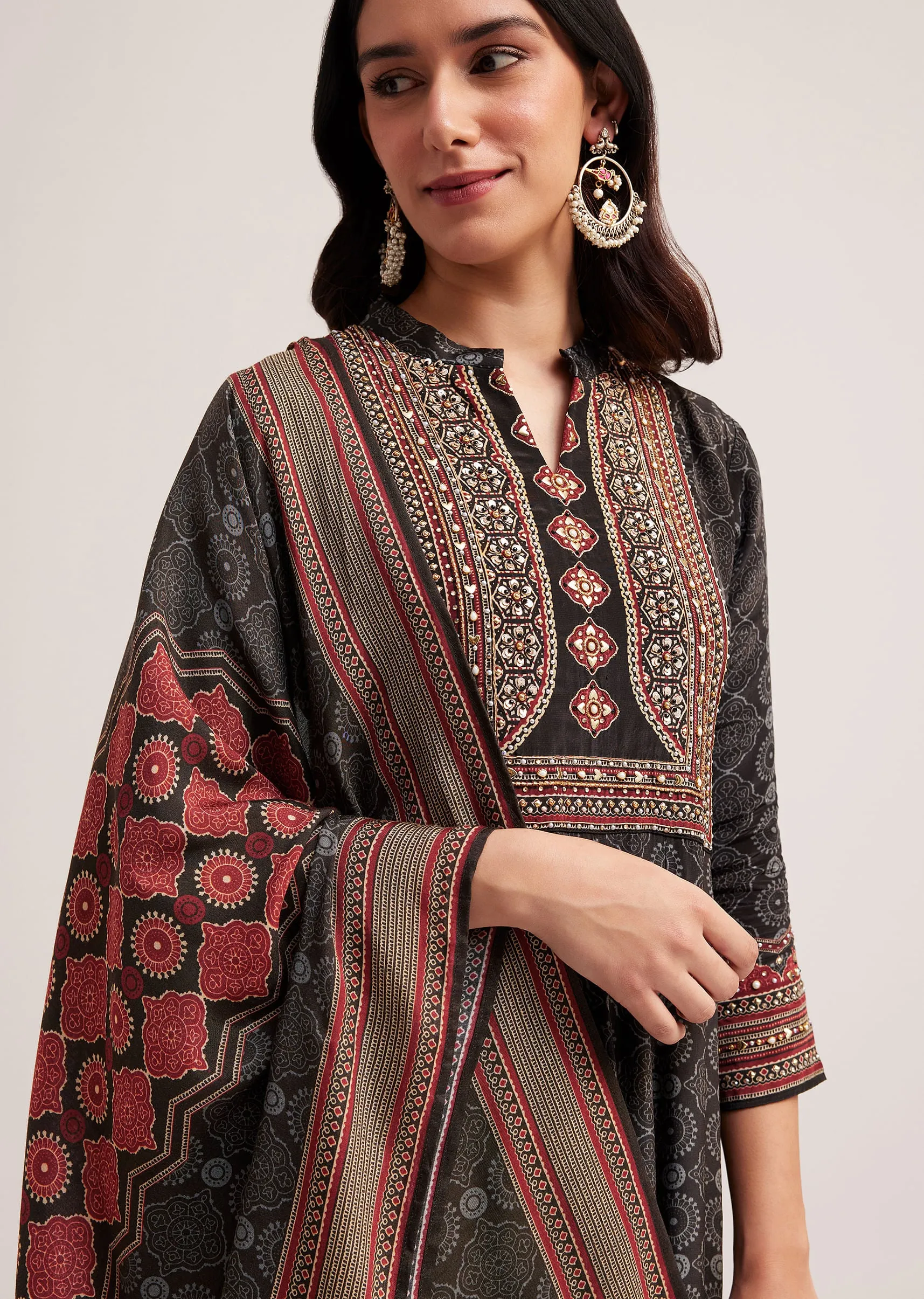 Black Ajrakh Printed Anarkali Set With Dupatta