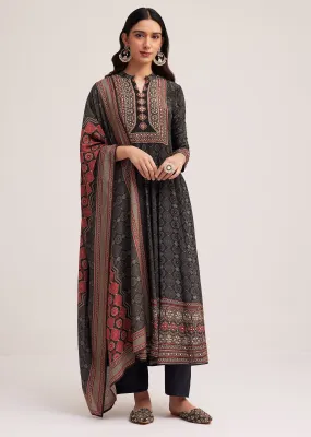Black Ajrakh Printed Anarkali Set With Dupatta