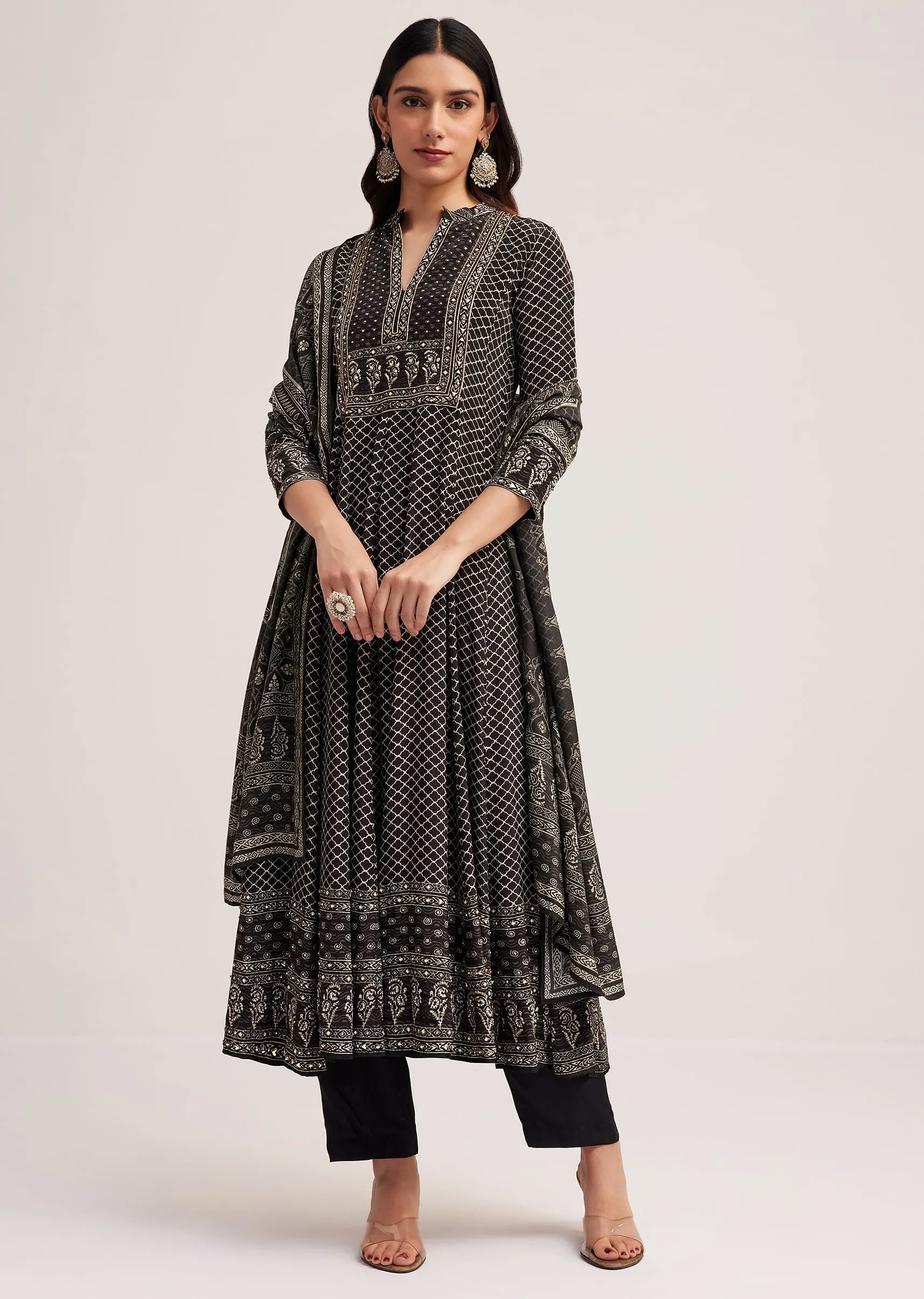 Black Bagru Printed Anarkali Set With Dupatta