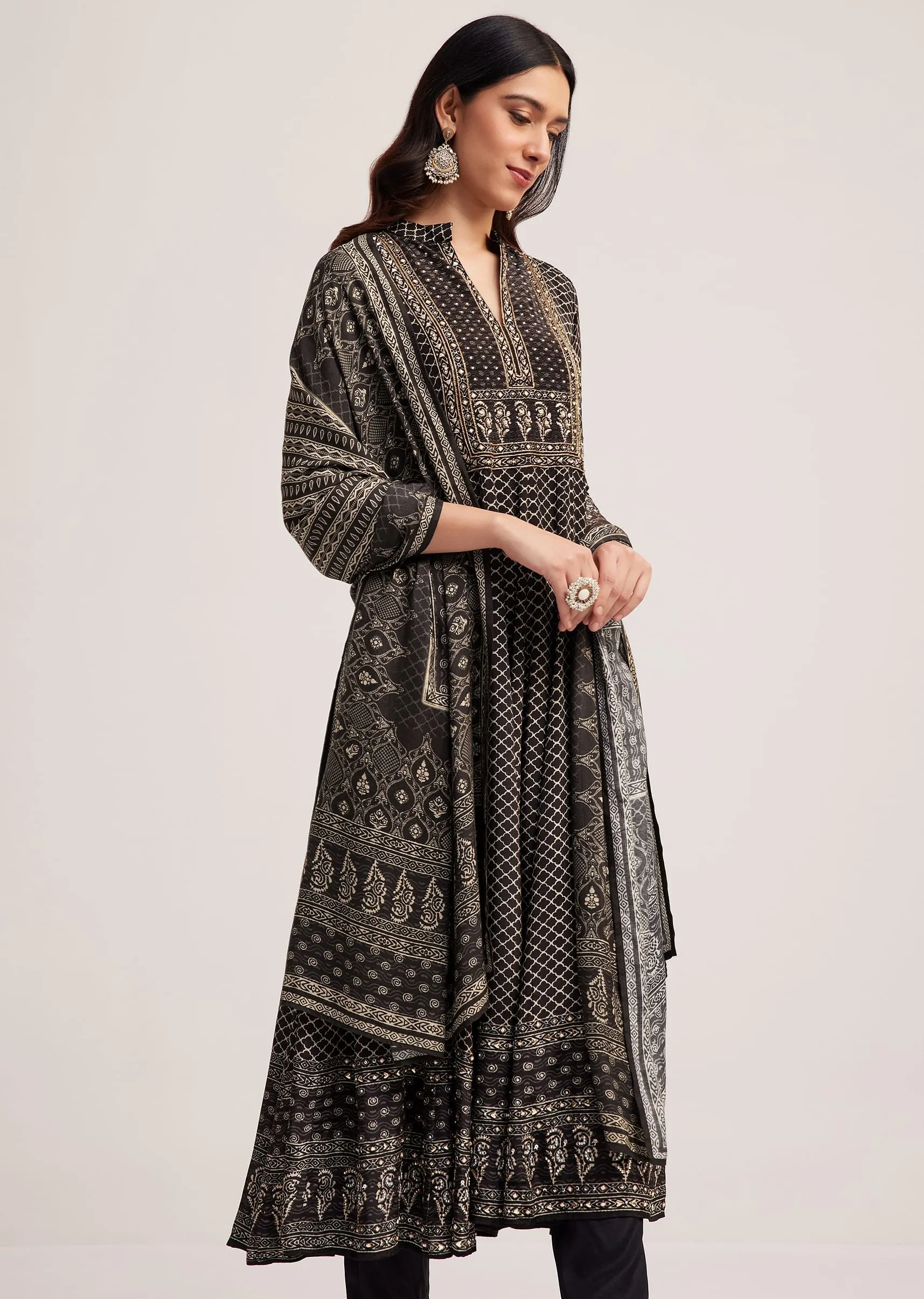 Black Bagru Printed Anarkali Set With Dupatta