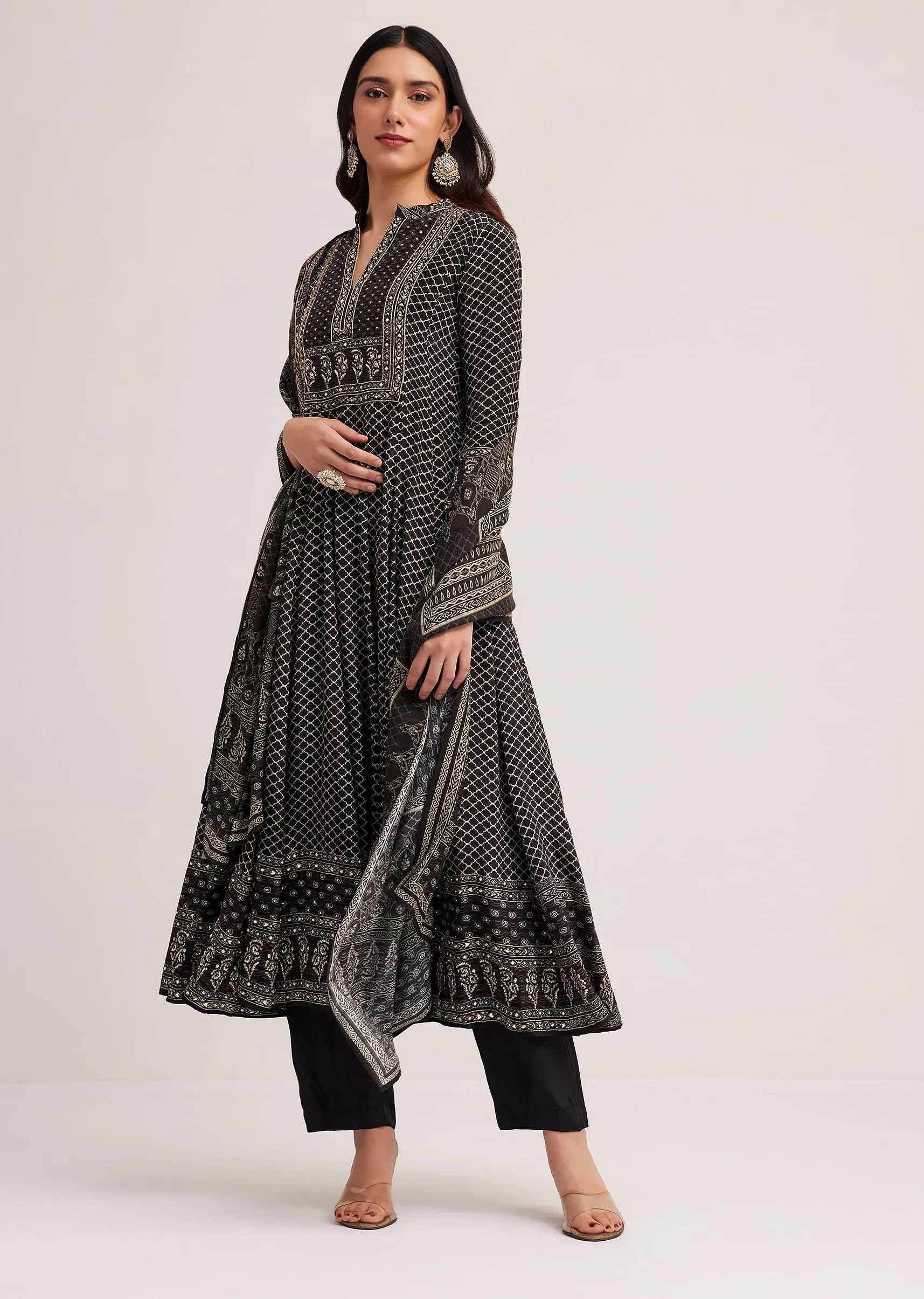 Black Bagru Printed Anarkali Set With Dupatta
