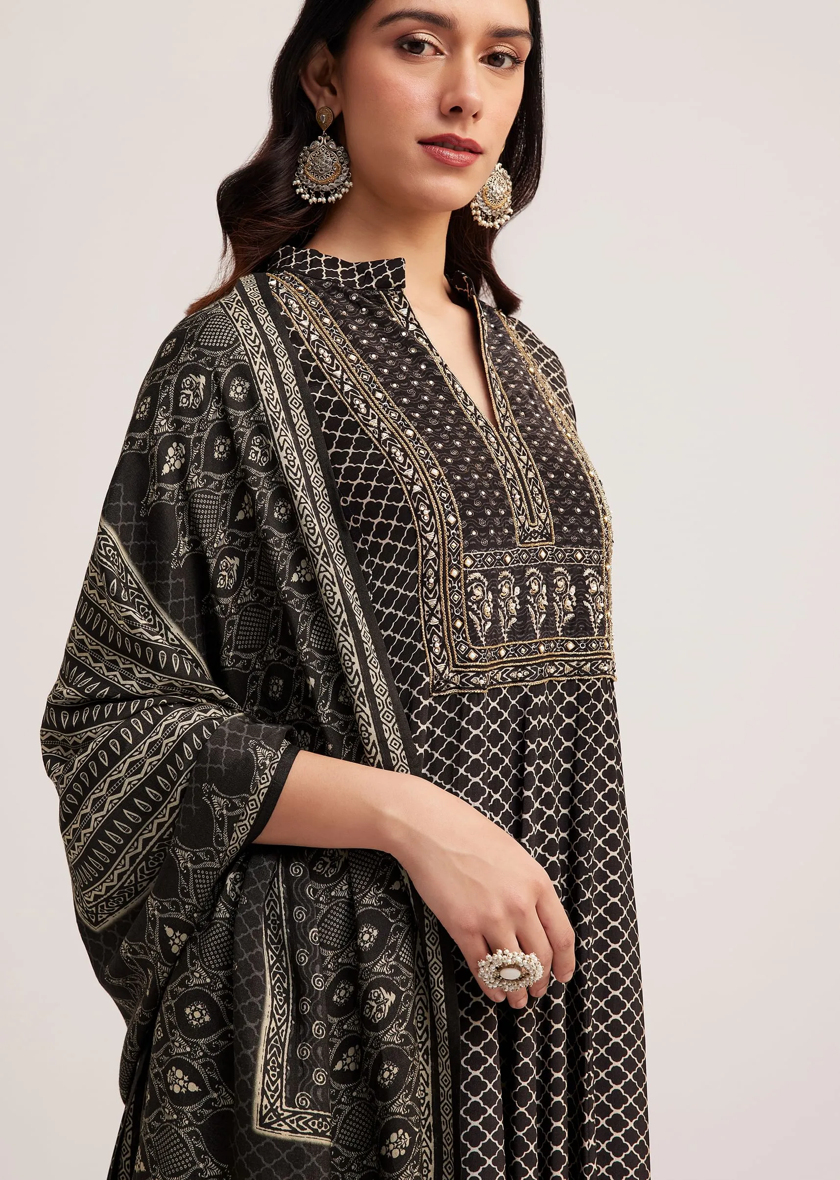 Black Bagru Printed Anarkali Set With Dupatta
