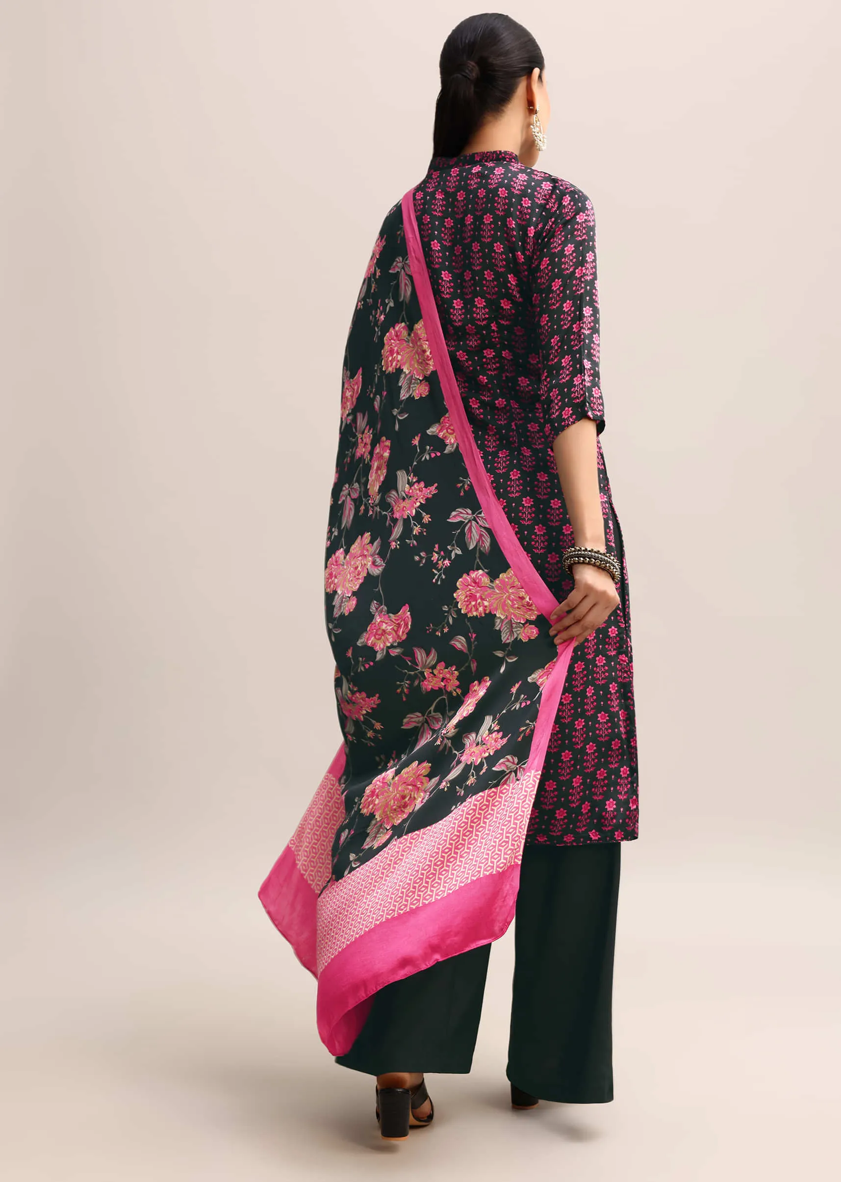 Black Floral Printed Kurta Palazzo With Dupatta