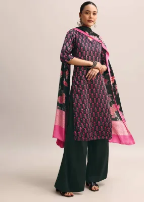 Black Floral Printed Kurta Palazzo With Dupatta