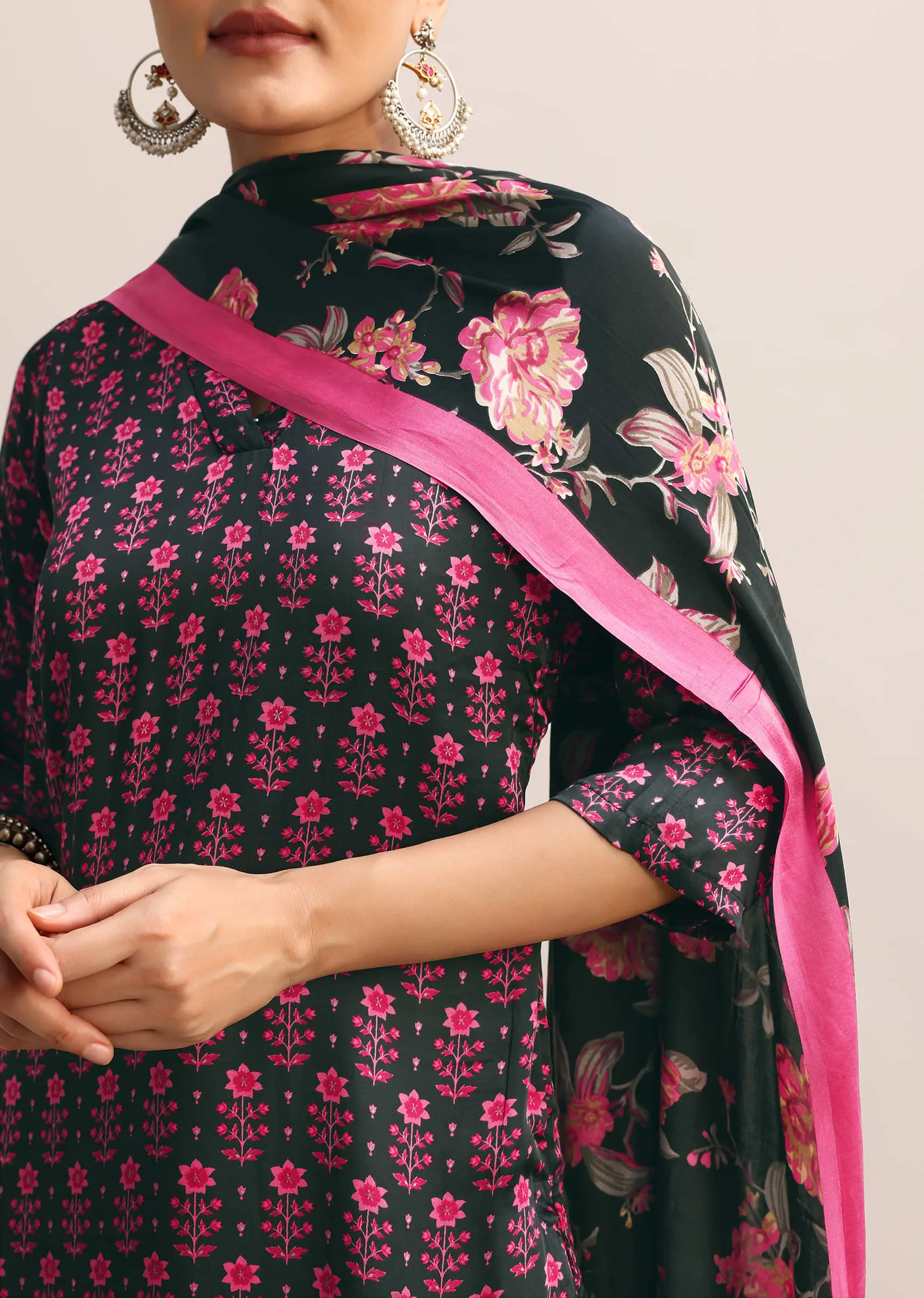 Black Floral Printed Kurta Palazzo With Dupatta