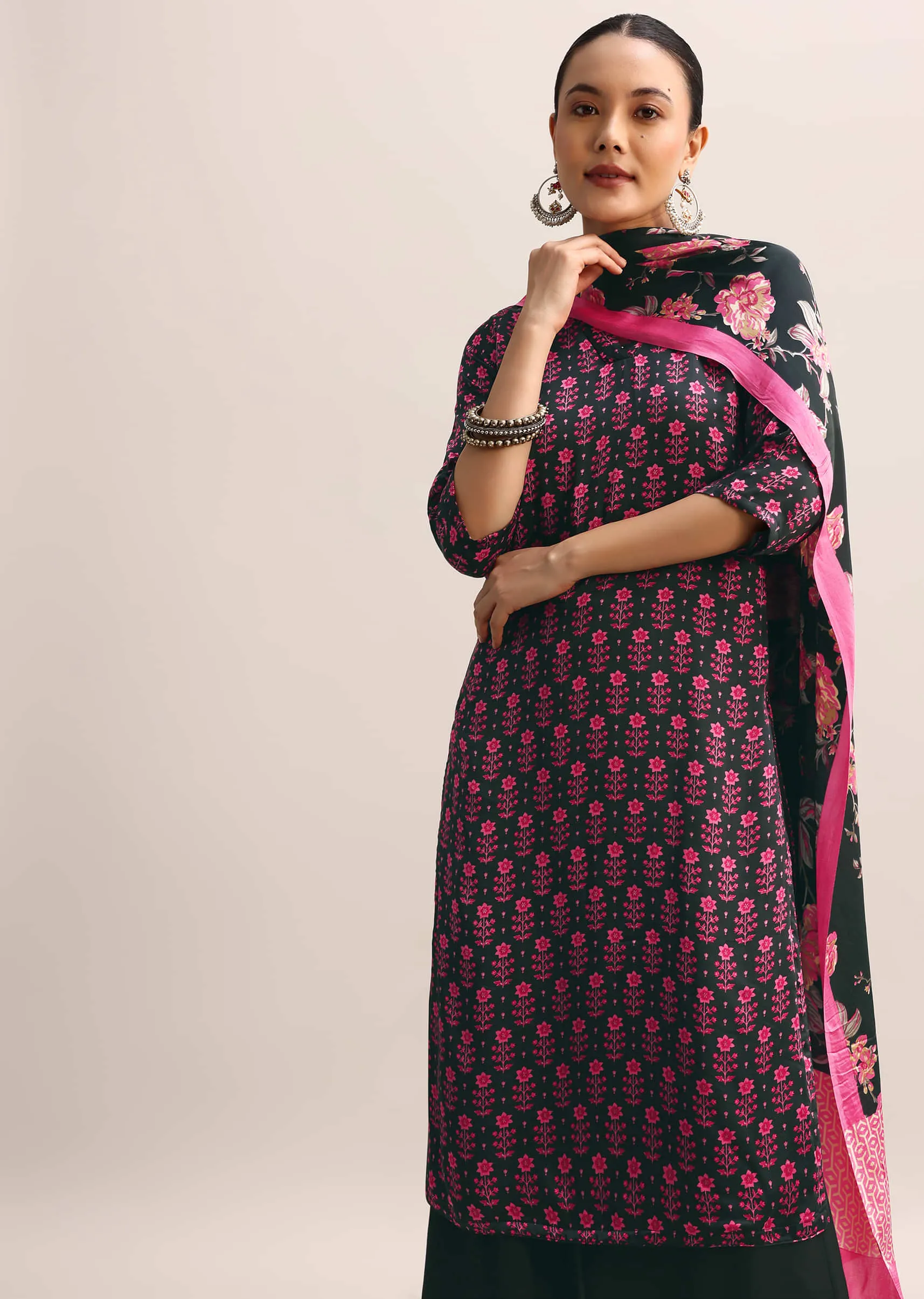 Black Floral Printed Kurta Palazzo With Dupatta