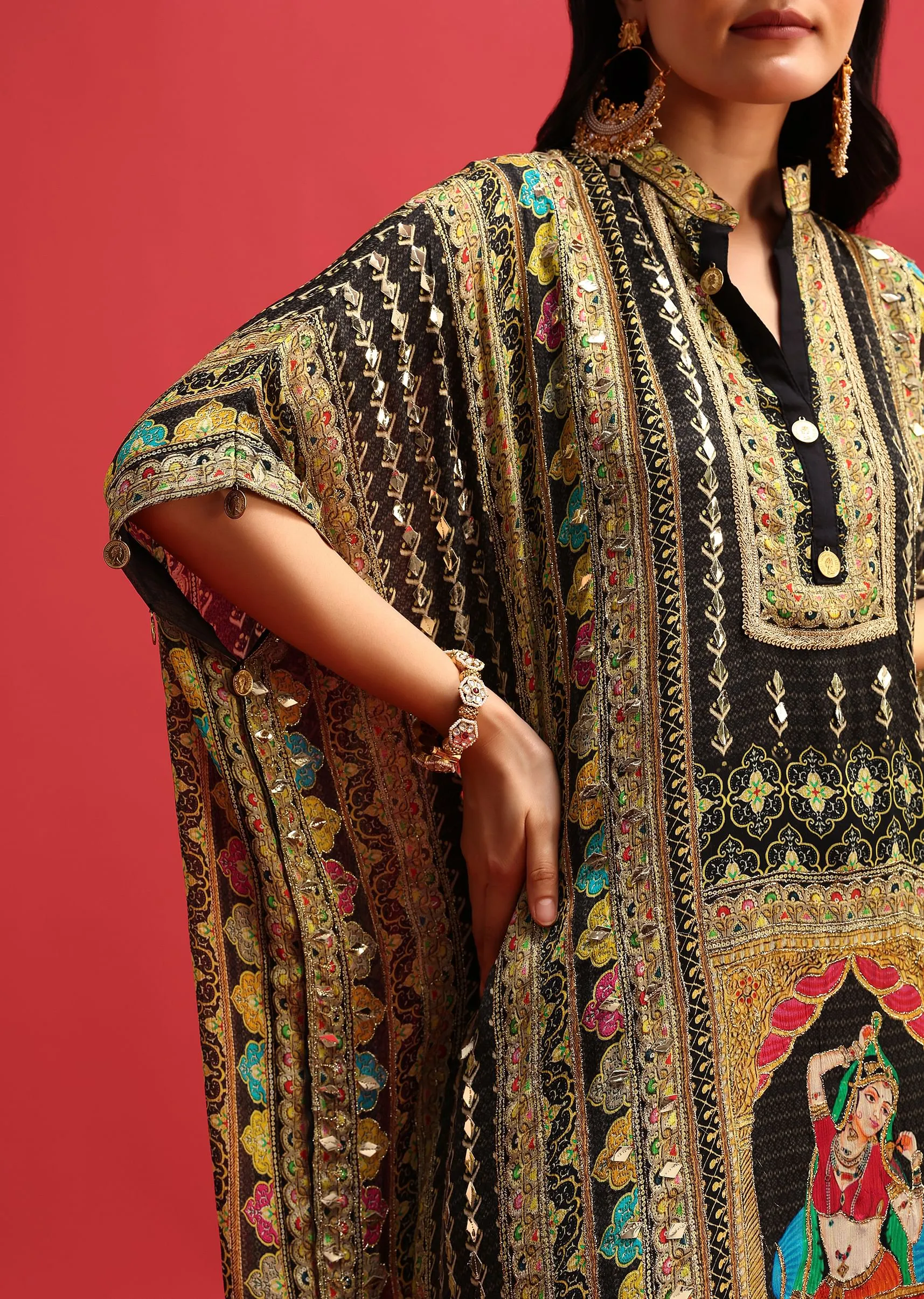 Black Georgette Printed Kaftan Dhoti Set With Potli