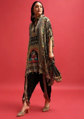 Black Georgette Printed Kaftan Dhoti Set With Potli