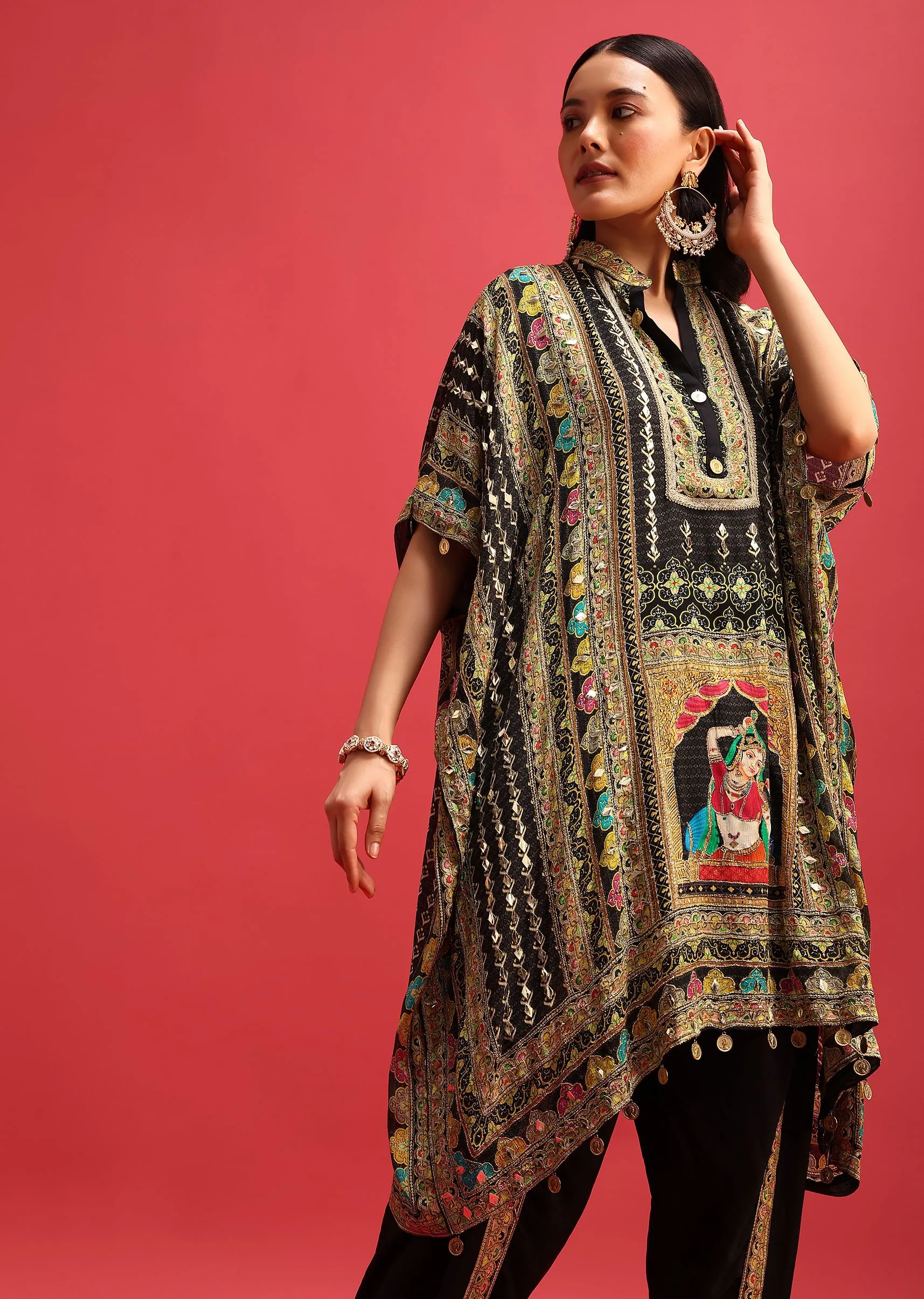 Black Georgette Printed Kaftan Dhoti Set With Potli