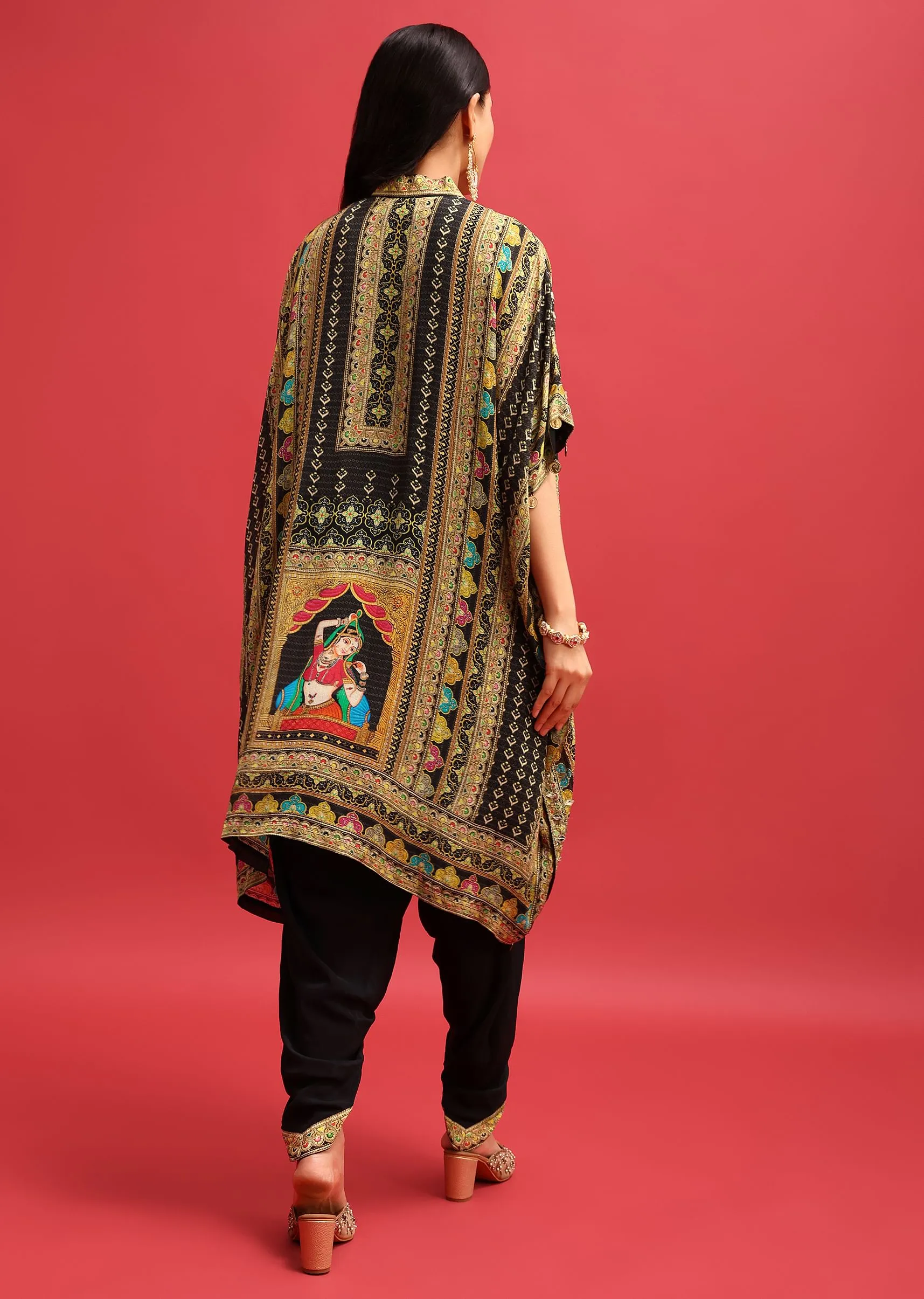 Black Georgette Printed Kaftan Dhoti Set With Potli