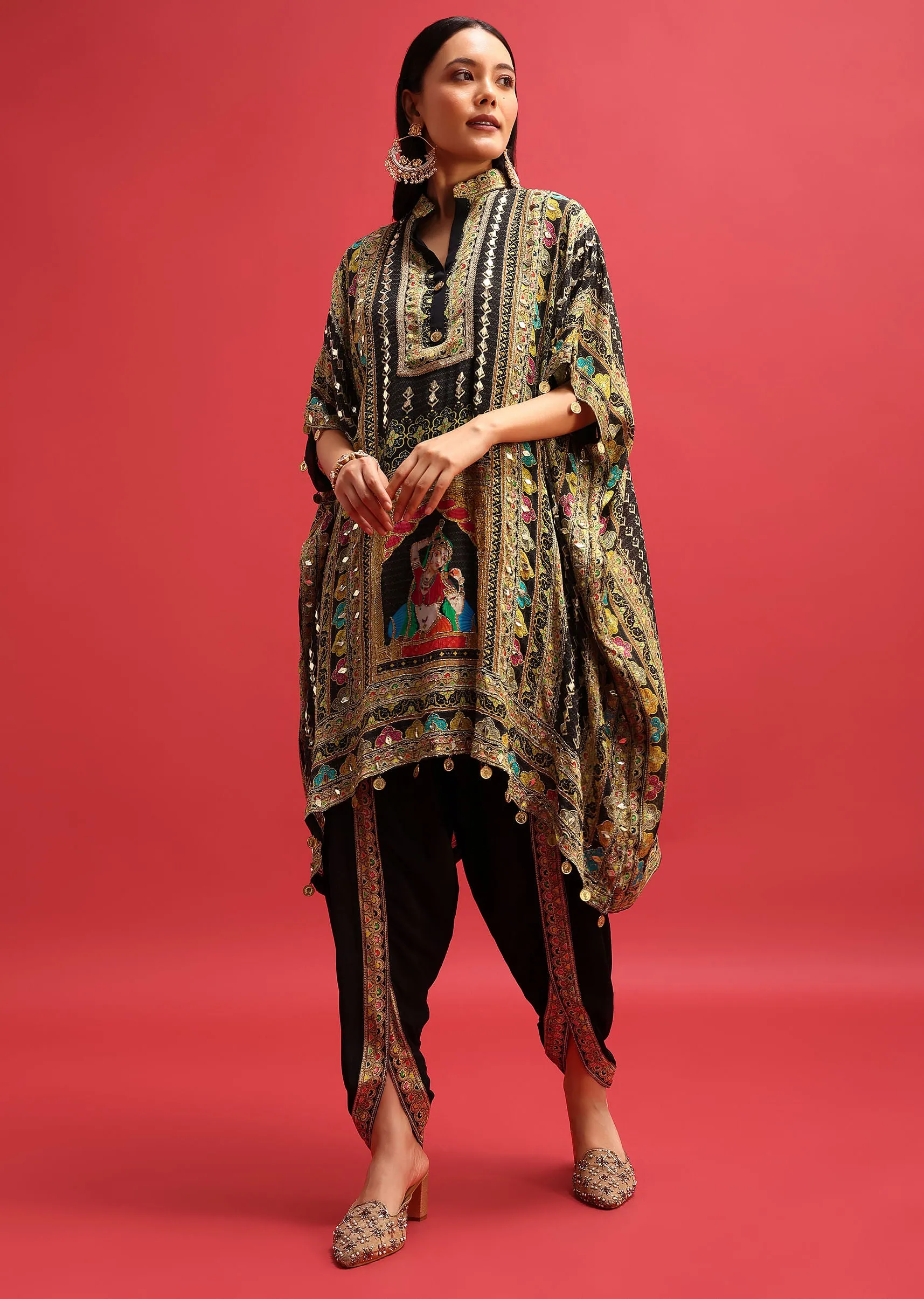 Black Georgette Printed Kaftan Dhoti Set With Potli