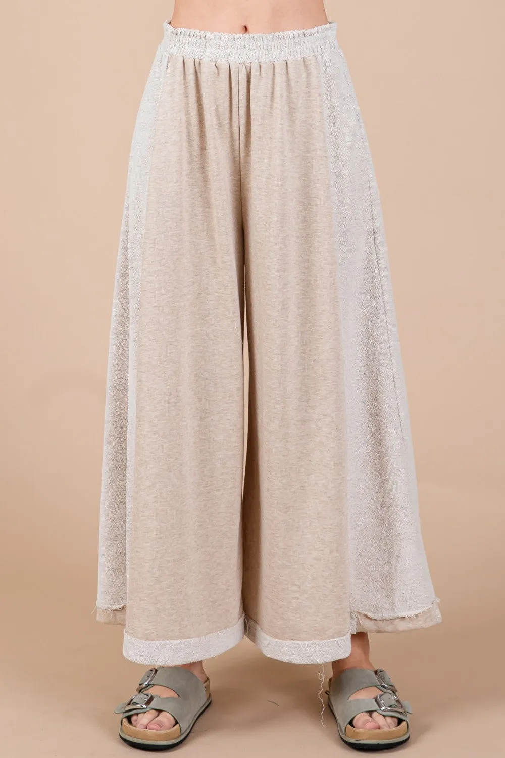 Ces Femme Knit Raw Edge Henley Neck Top and Wide Leg Flowy Pants Set