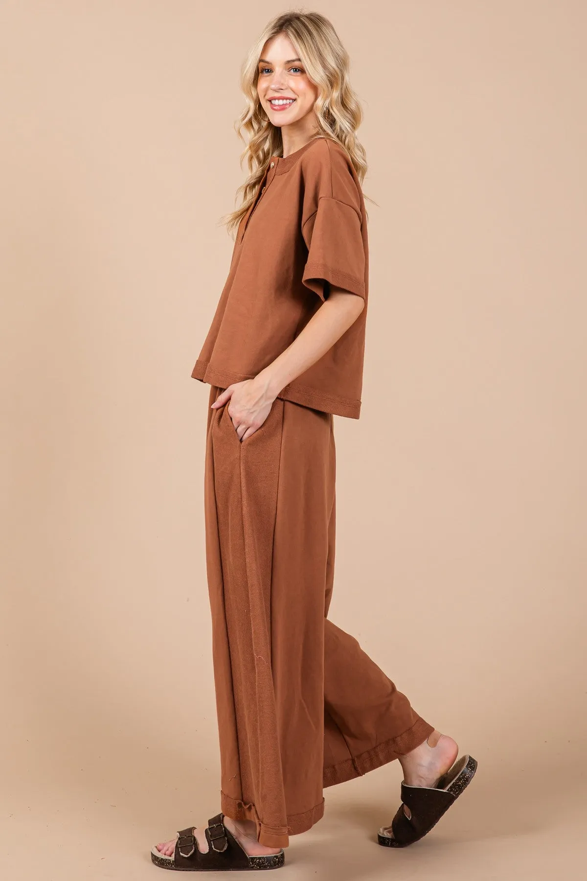Ces Femme Knit Raw Edge Henley Neck Top and Wide Leg Flowy Pants Set