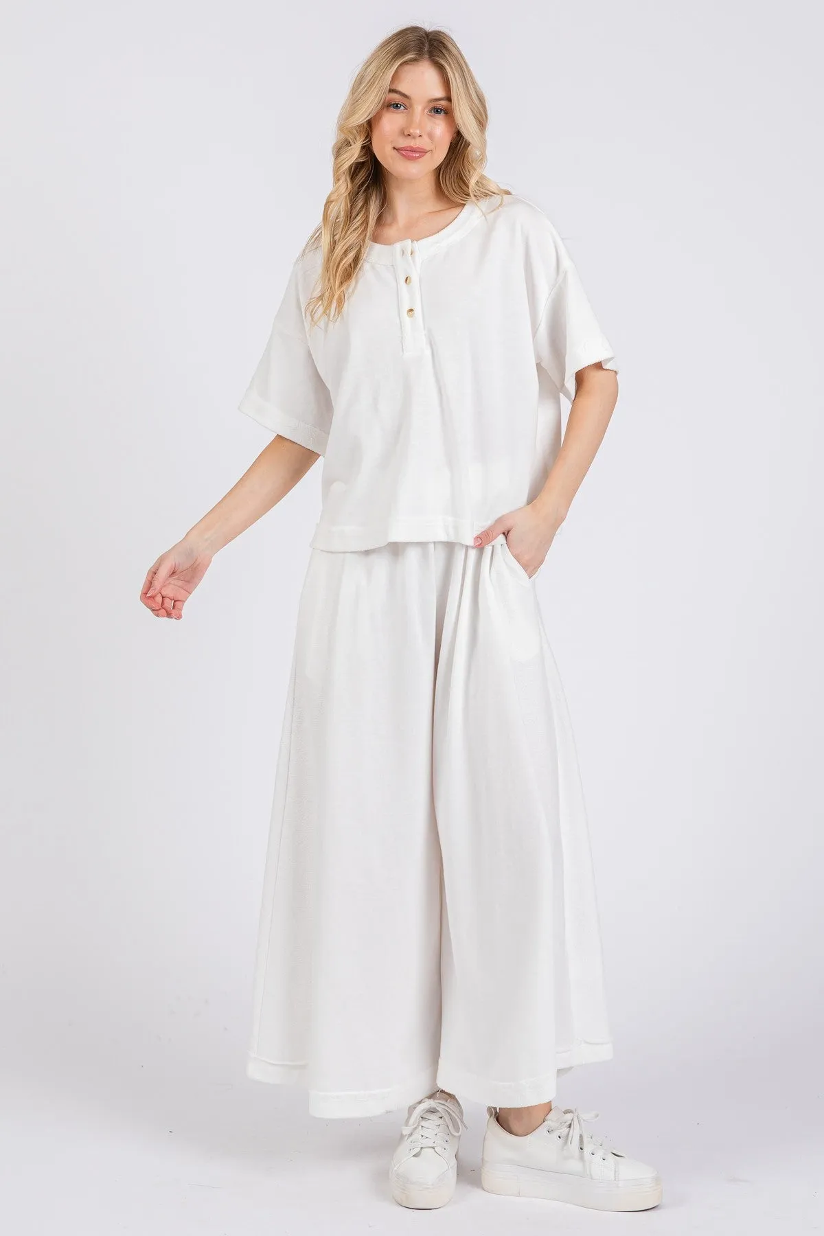 Ces Femme Knit Raw Edge Henley Neck Top and Wide Leg Flowy Pants Set