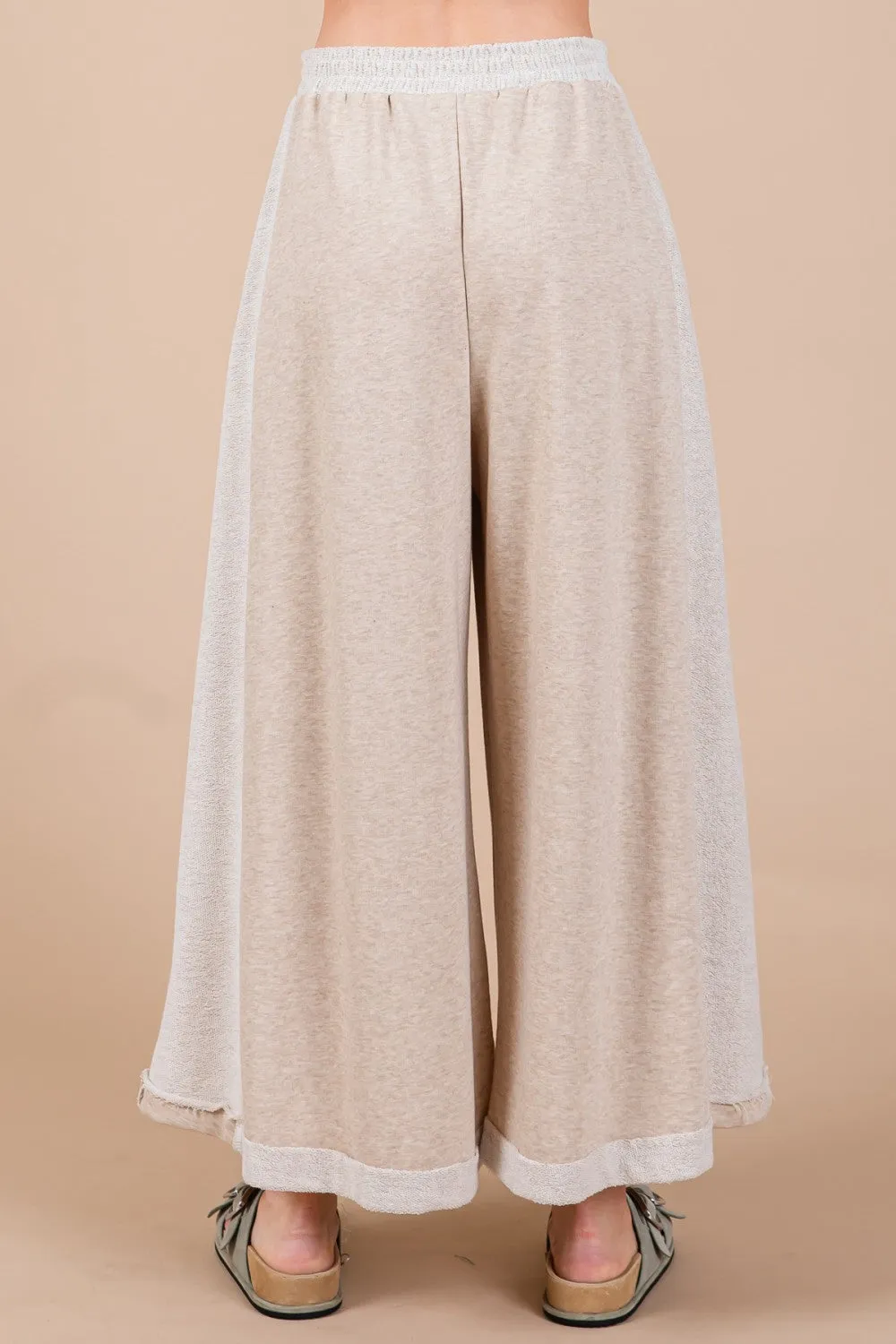 Ces Femme Knit Raw Edge Henley Neck Top and Wide Leg Flowy Pants Set