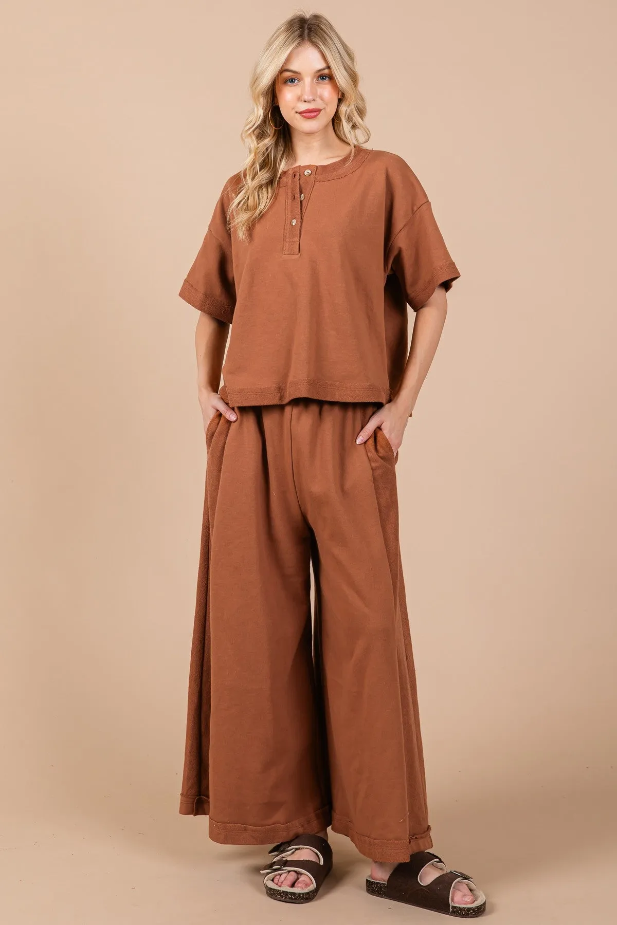 Ces Femme Knit Raw Edge Henley Neck Top and Wide Leg Flowy Pants Set