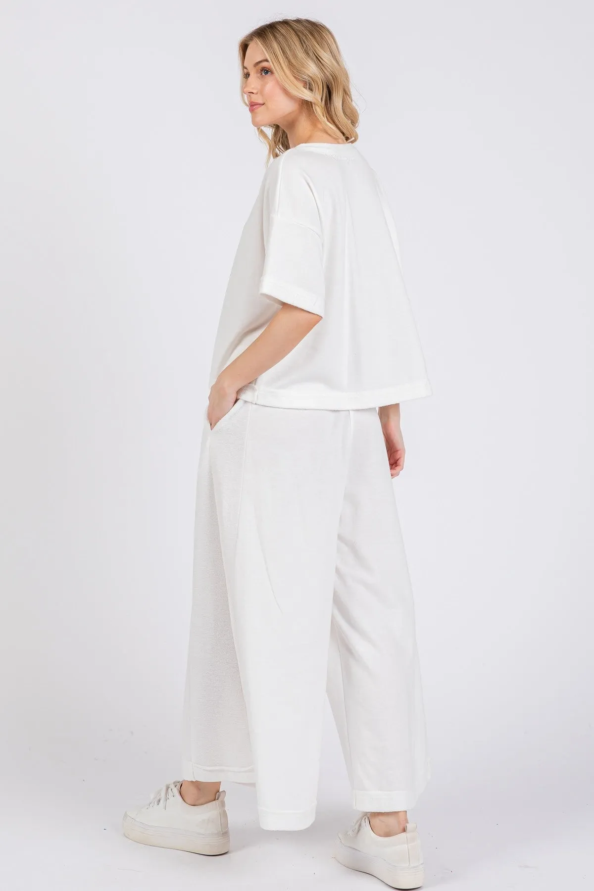 Ces Femme Knit Raw Edge Henley Neck Top and Wide Leg Flowy Pants Set