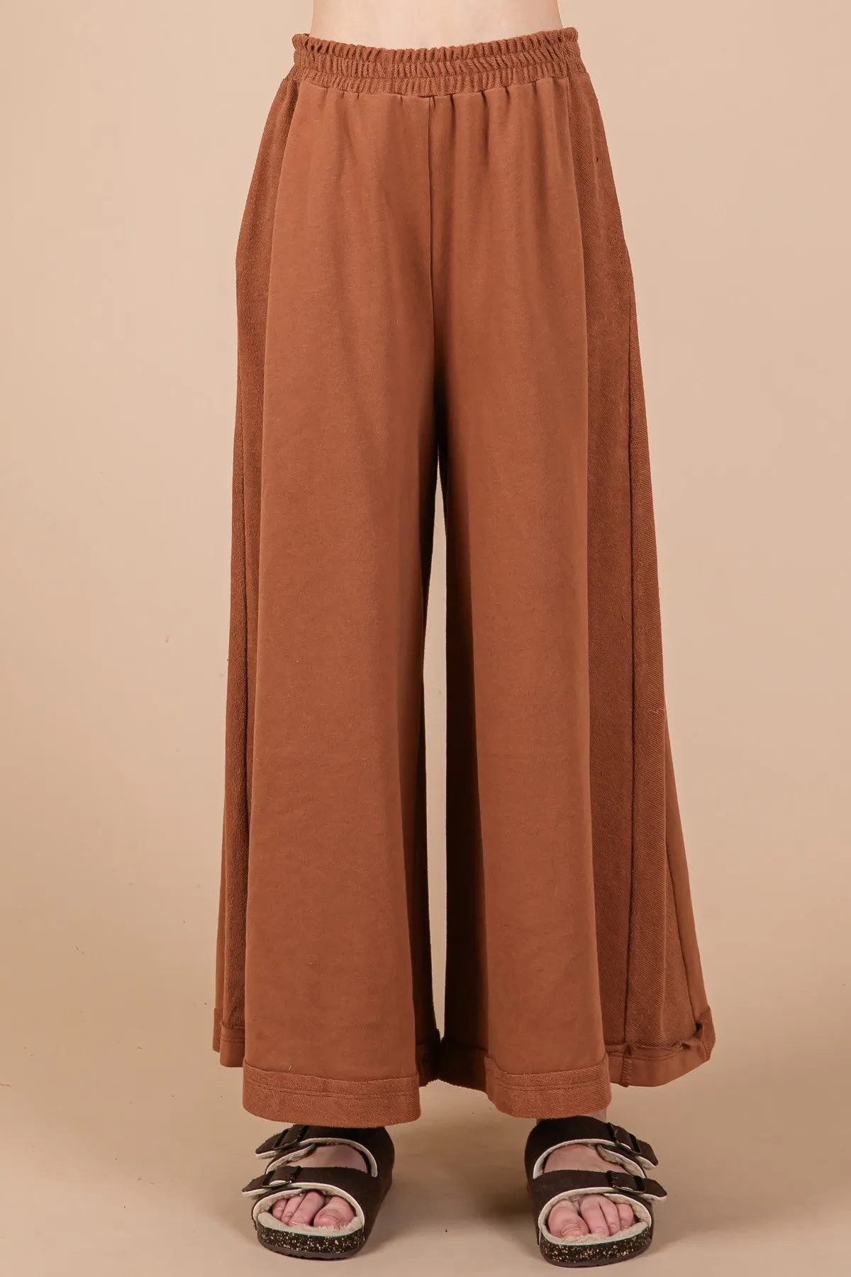 Ces Femme Knit Raw Edge Henley Neck Top and Wide Leg Flowy Pants Set