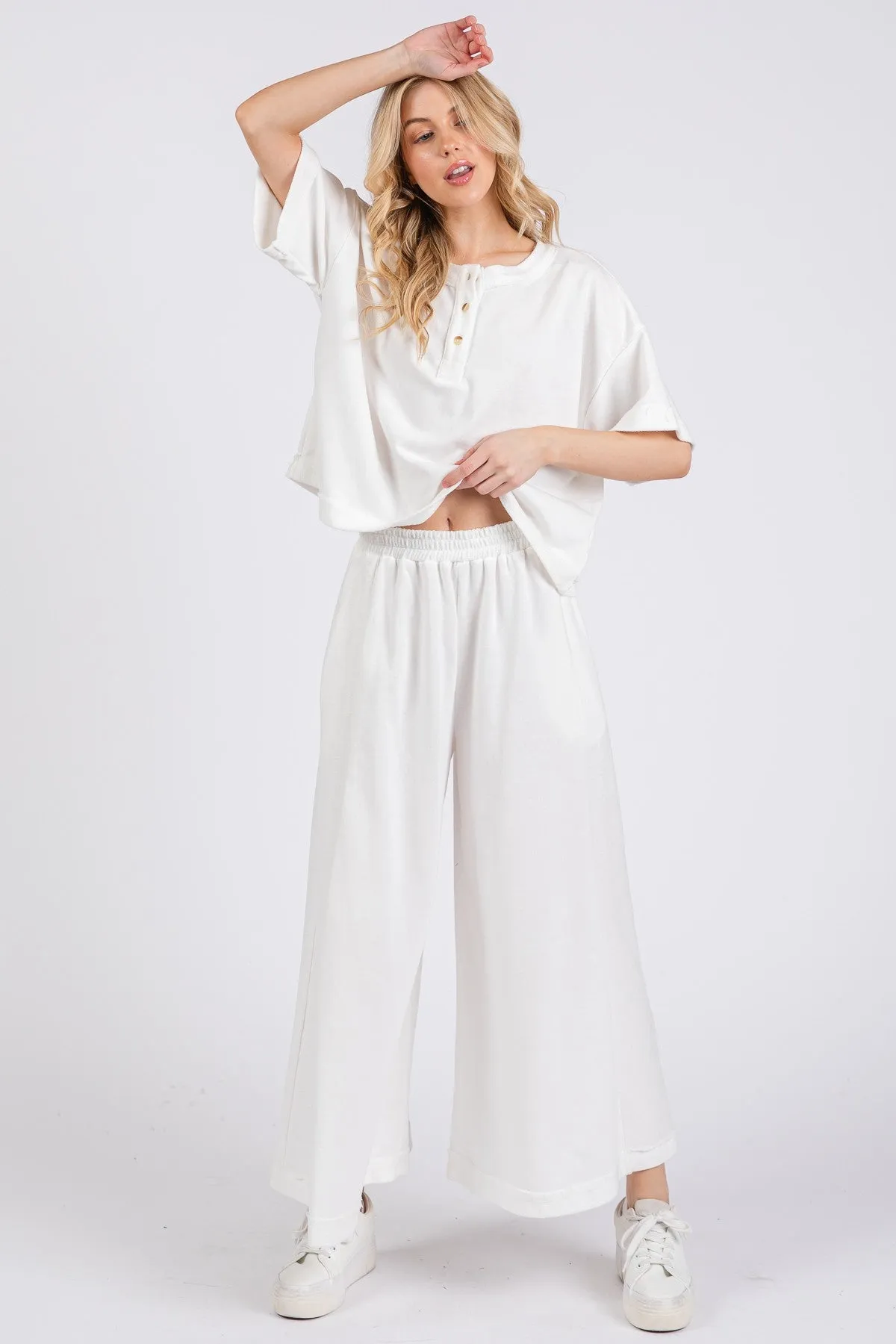 Ces Femme Knit Raw Edge Henley Neck Top and Wide Leg Flowy Pants Set