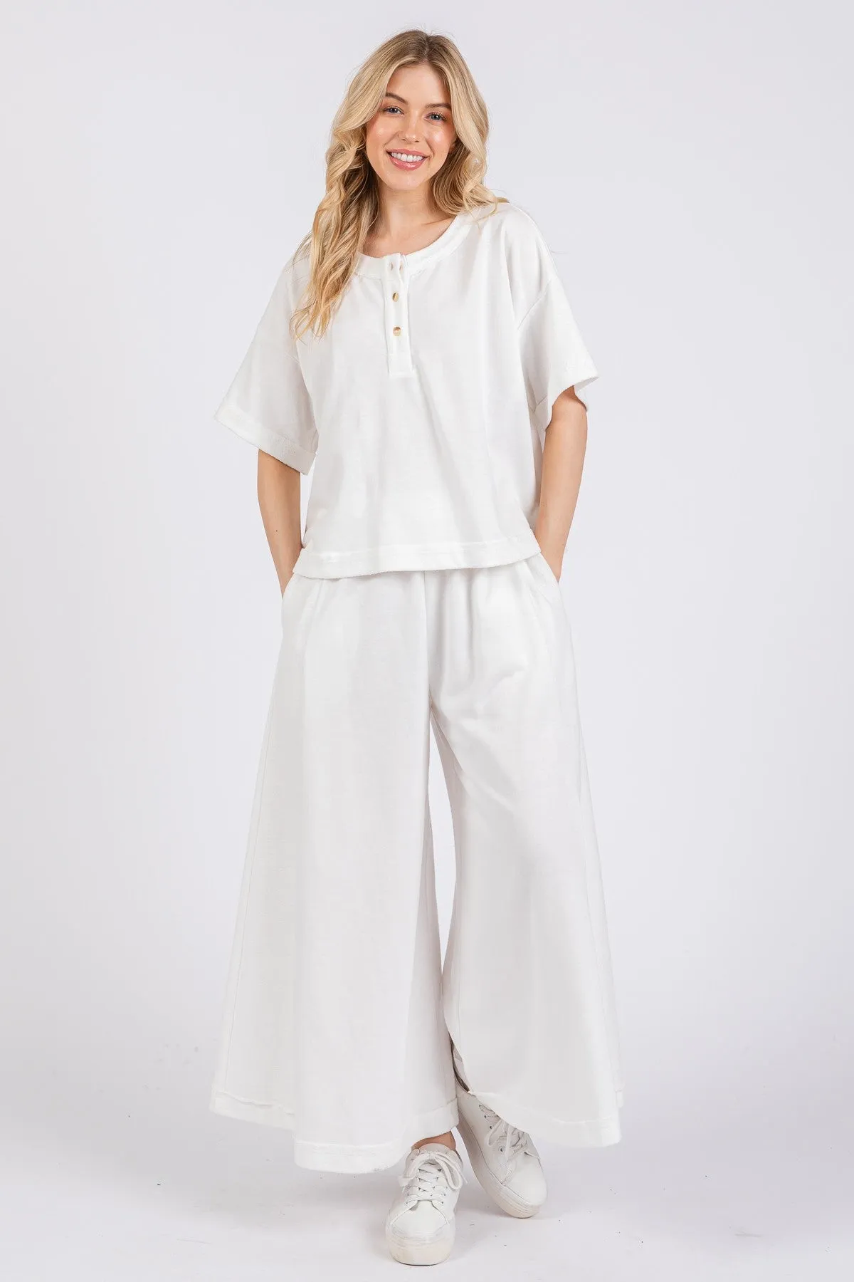 Ces Femme Knit Raw Edge Henley Neck Top and Wide Leg Flowy Pants Set