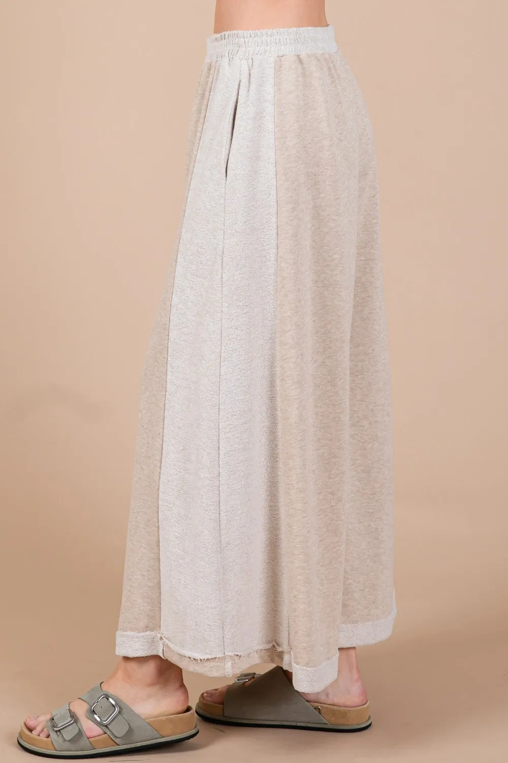 Ces Femme Knit Raw Edge Henley Neck Top and Wide Leg Flowy Pants Set