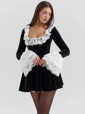 Chic Lace-Trim Velvet Mini Dress for Trendy Women