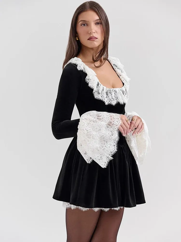 Chic Lace-Trim Velvet Mini Dress for Trendy Women