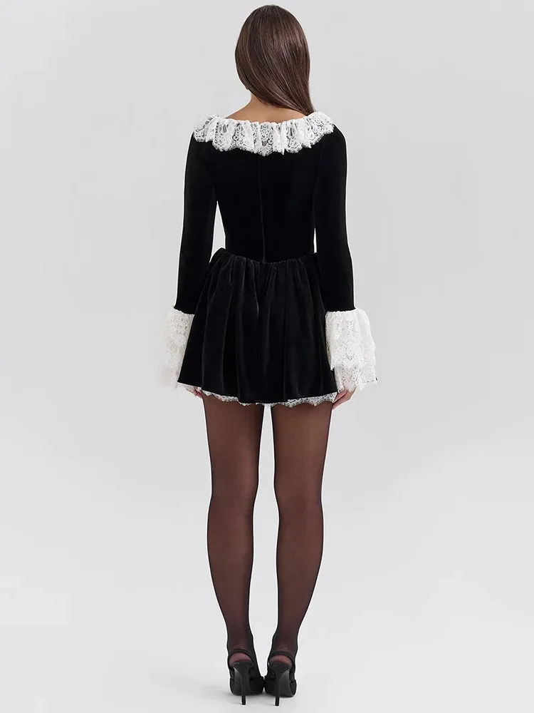 Chic Lace-Trim Velvet Mini Dress for Trendy Women