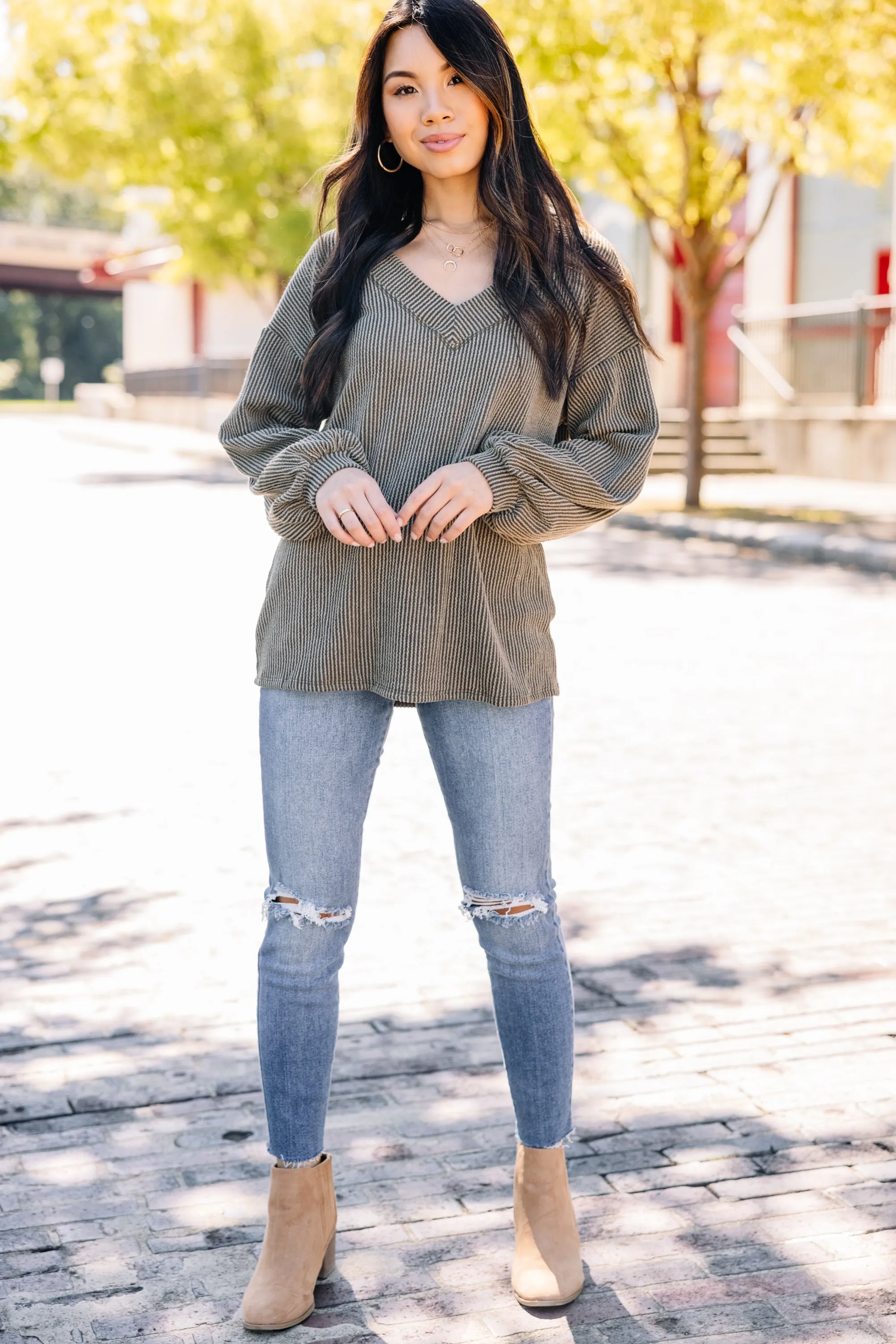 Dream Of The Day Olive Green Ribbed Top