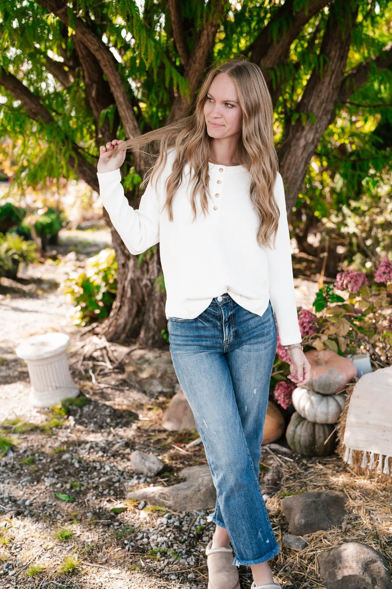 Everyday Comfy Ribbed Long Sleeve Top - Cream