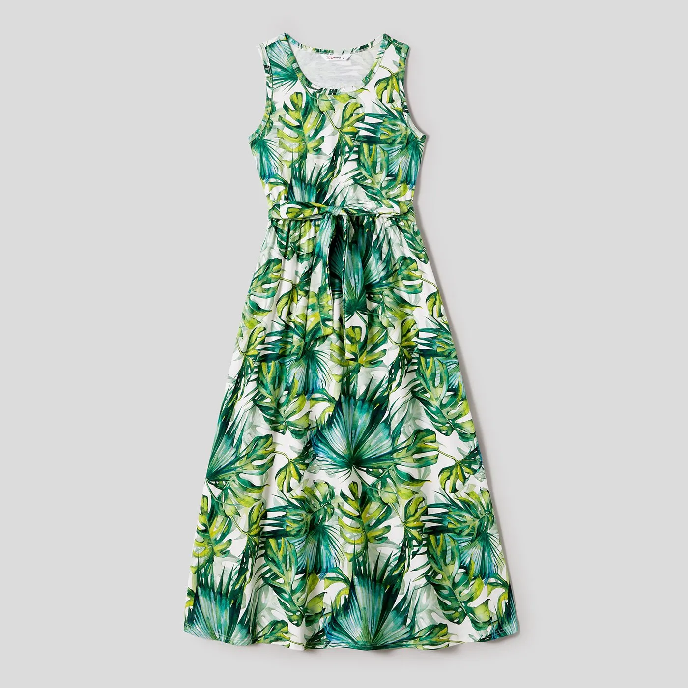 Family Matching Allover Plant Print Belted Tank Dresses and Short-sleeve T-shirts Sets