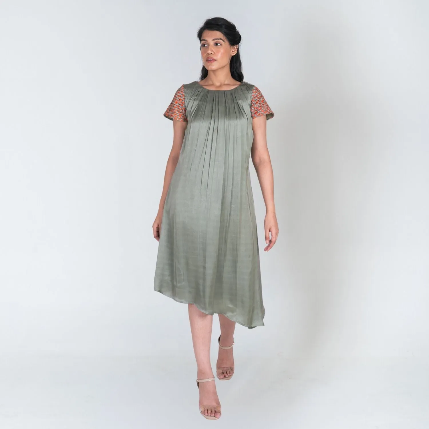 Green Colour Block Midi Dress | Braid Embellished Sleeve | Effortless Elegance