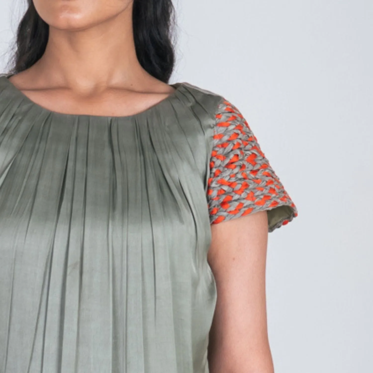 Green Colour Block Midi Dress | Braid Embellished Sleeve | Effortless Elegance