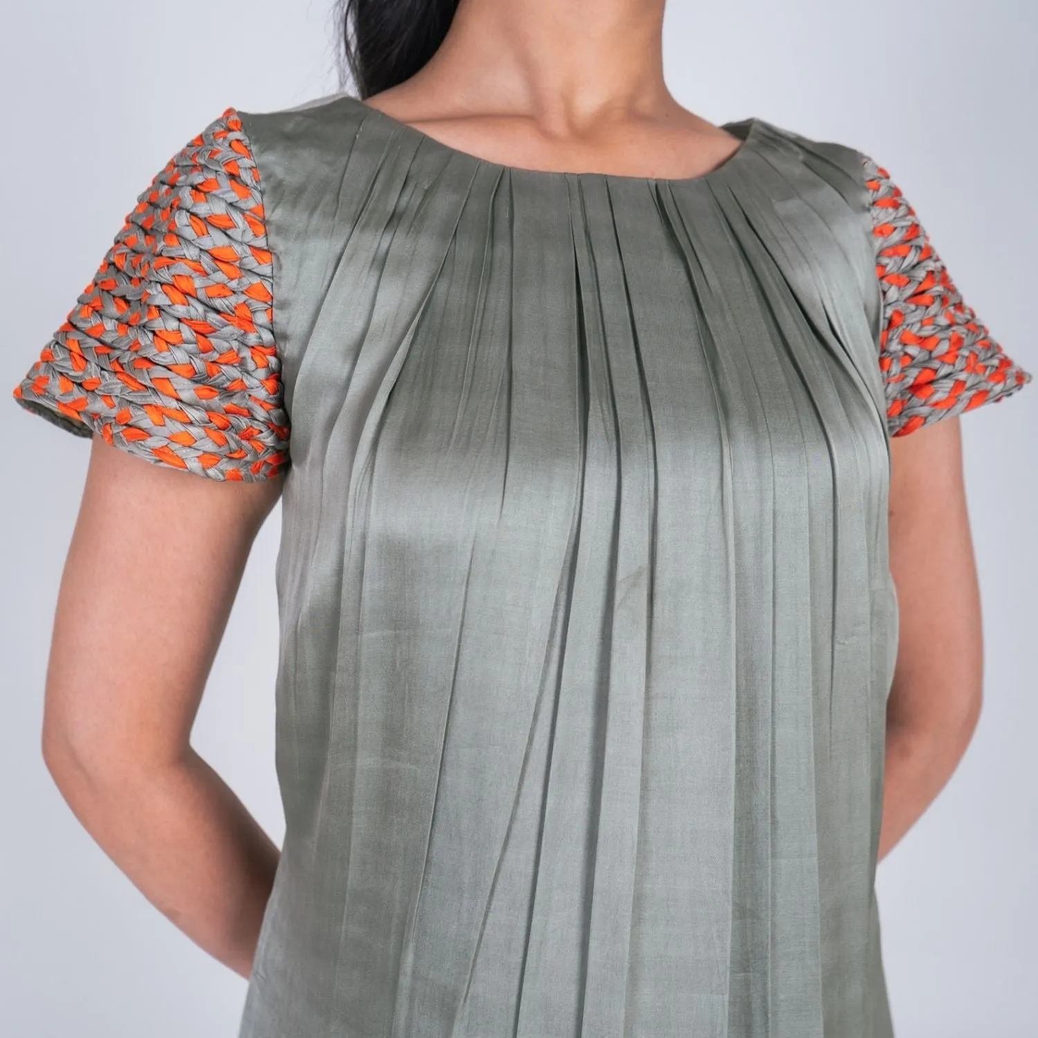 Green Colour Block Midi Dress | Braid Embellished Sleeve | Effortless Elegance