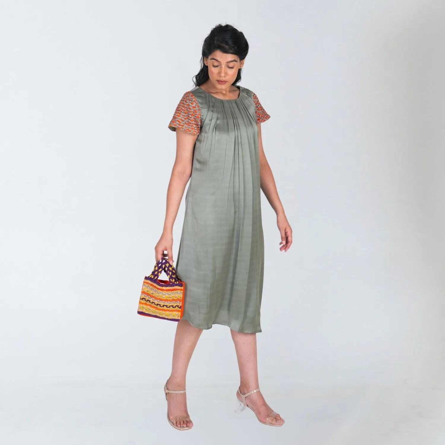 Green Colour Block Midi Dress | Braid Embellished Sleeve | Effortless Elegance