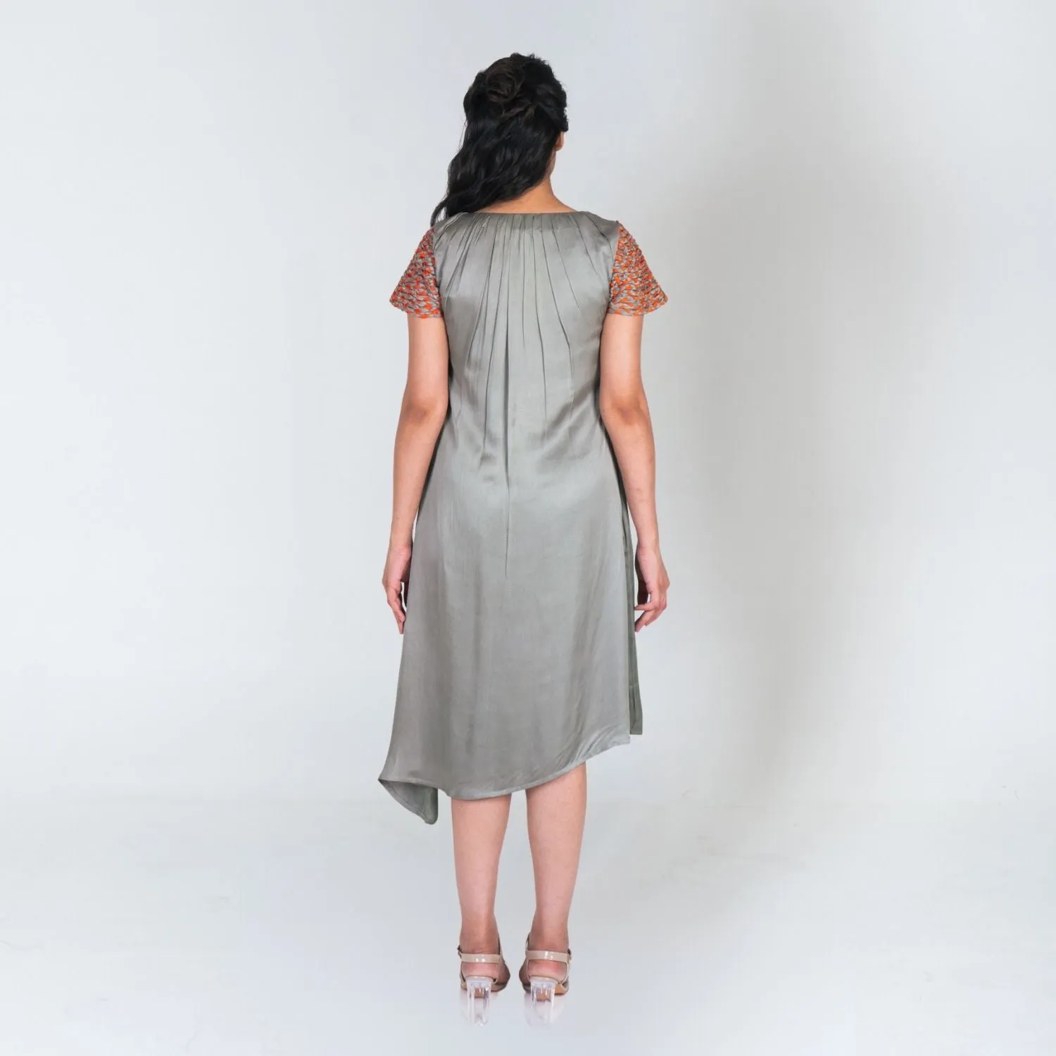 Green Colour Block Midi Dress | Braid Embellished Sleeve | Effortless Elegance