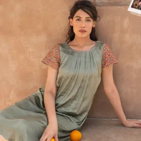 Green Colour Block Midi Dress | Braid Embellished Sleeve | Effortless Elegance