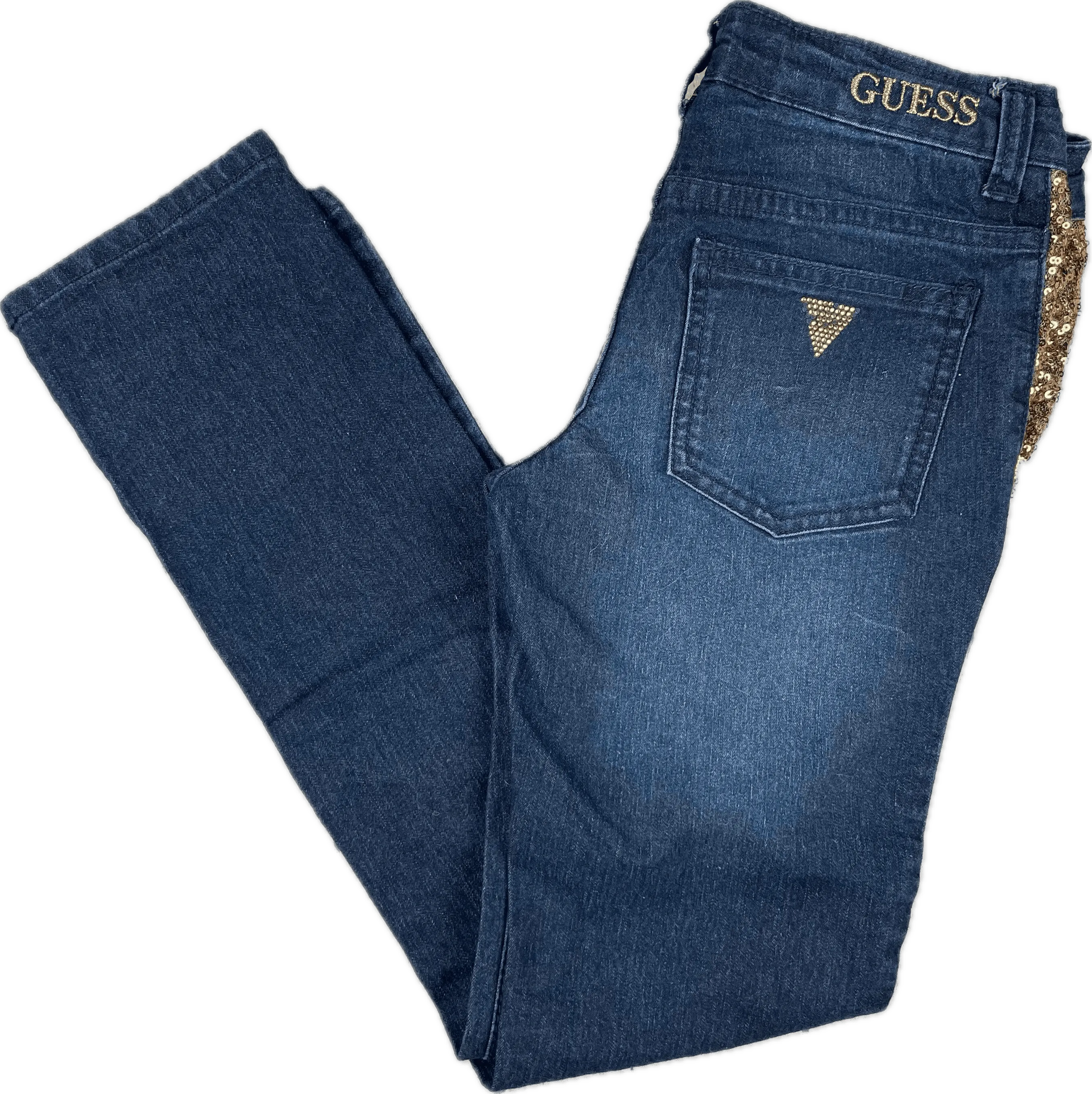 Guess Girls Crystal Logo Sequin Insert Jeans - Size 10Y