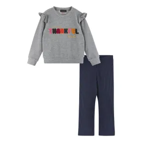 Kids "THANKFUL" Ruffle Crewneck Sweater & Legging Set | Grey Navy